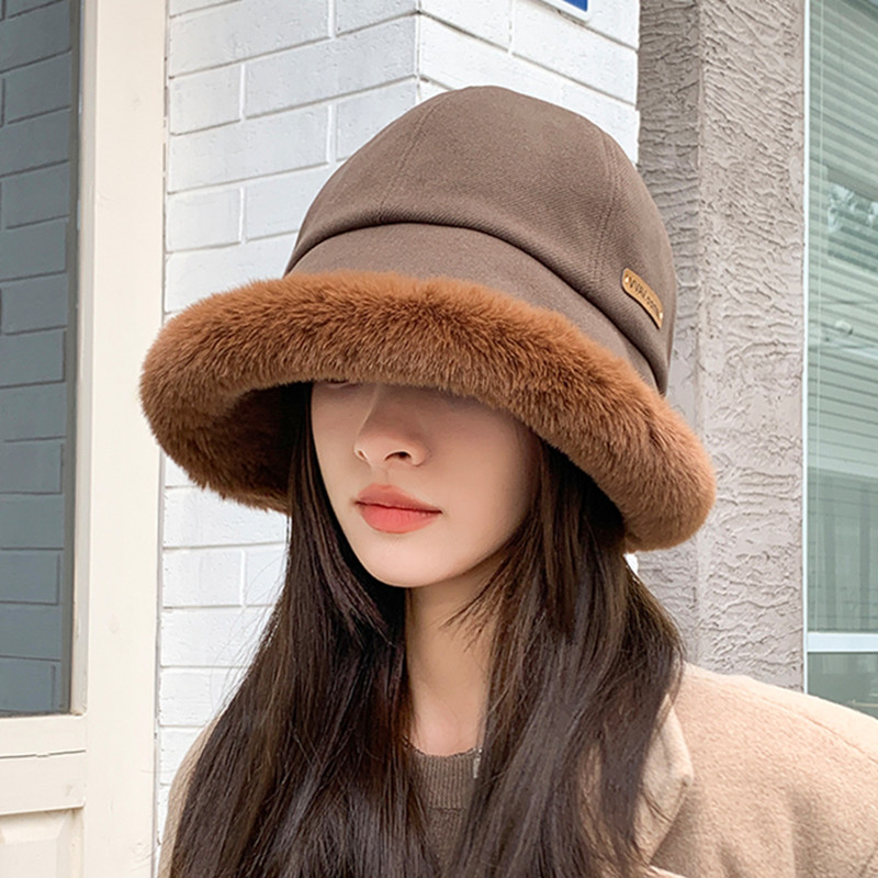 thick plush bucket hat for women classic solid color ear warmer basin hats outdoor coldproof fisherman cap details 1