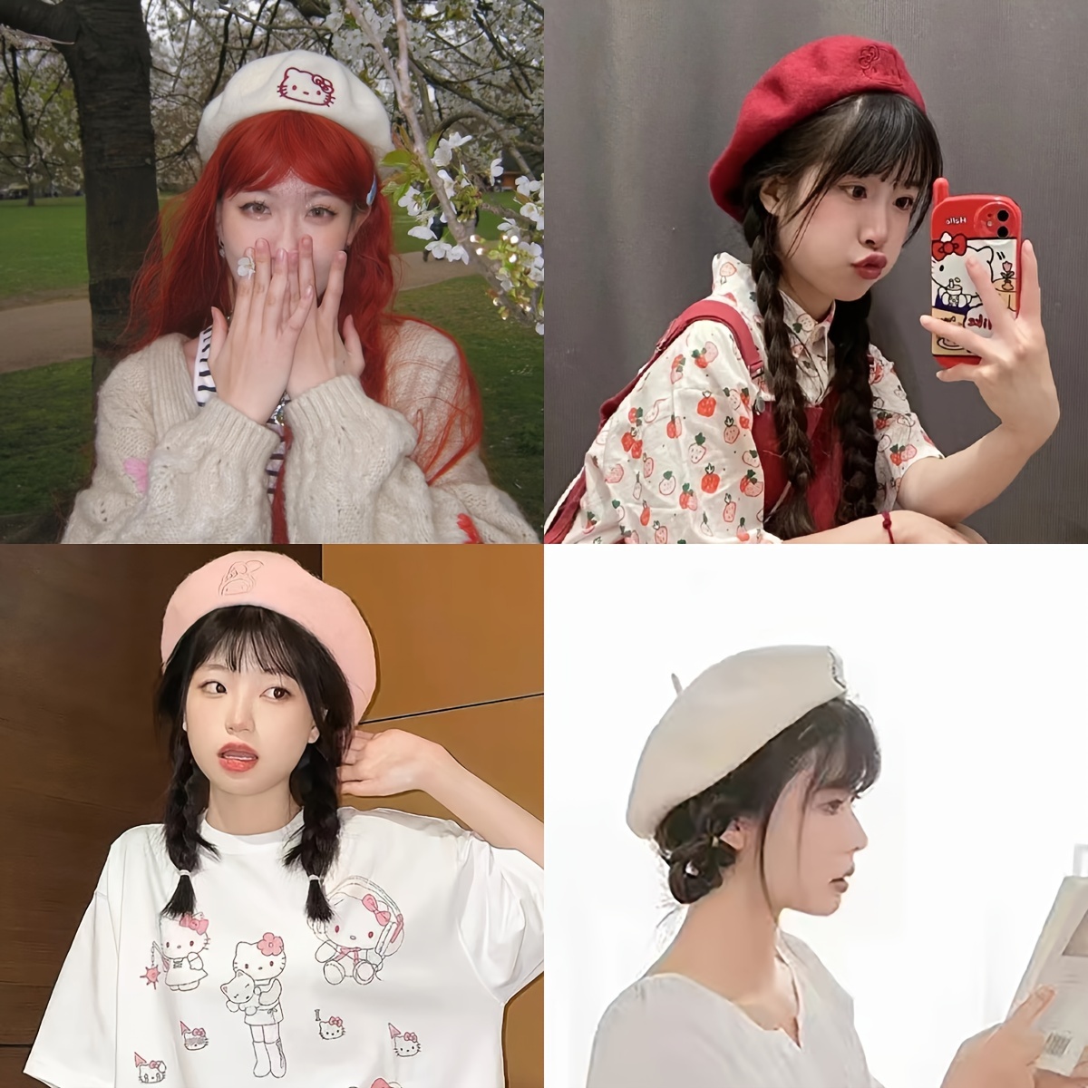 cute   embroidered beret cartoon kt cat melody plush hats solid color warm painter cap for women details 0