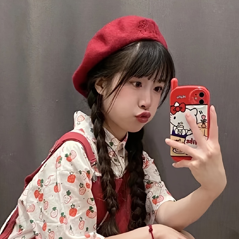 cute   embroidered beret cartoon kt cat melody plush hats solid color warm painter cap for women details 1