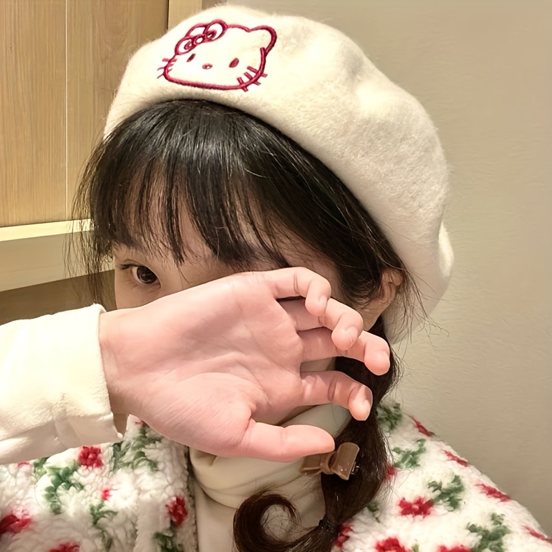 cute   embroidered beret cartoon kt cat melody plush hats solid color warm painter cap for women details 2