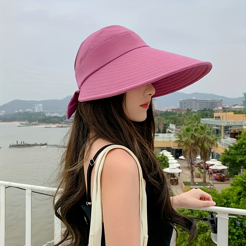 solid color ponytail visor hat wide brim uv protection sun hat bow decor travel beach hats for summer outdoor details 0