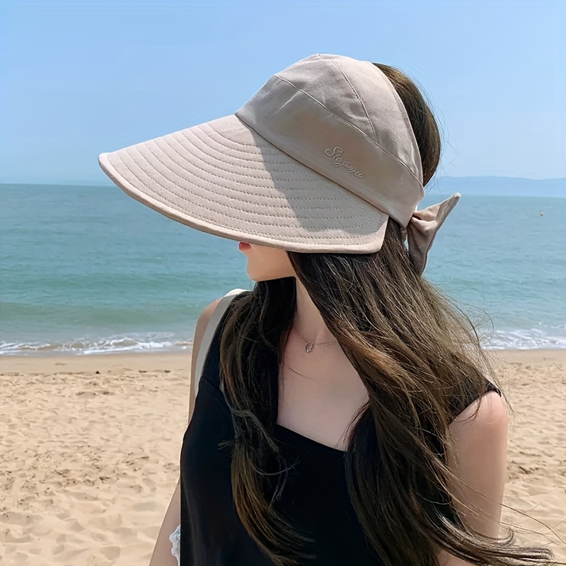 solid color ponytail visor hat wide brim uv protection sun hat bow decor travel beach hats for summer outdoor details 3