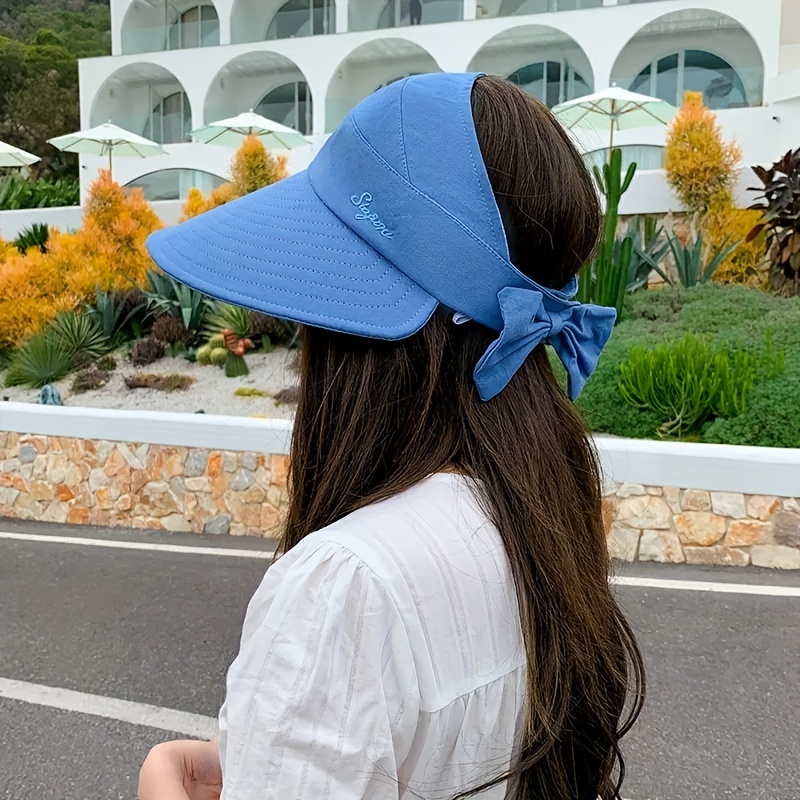 solid color ponytail visor hat wide brim uv protection sun hat bow decor travel beach hats for summer outdoor details 5