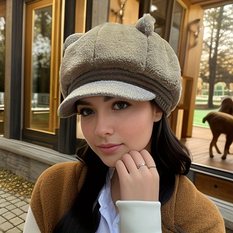 cozy knit beret with cute cat ears thick warm octagonal cap for women elastic fit ear protection details 0