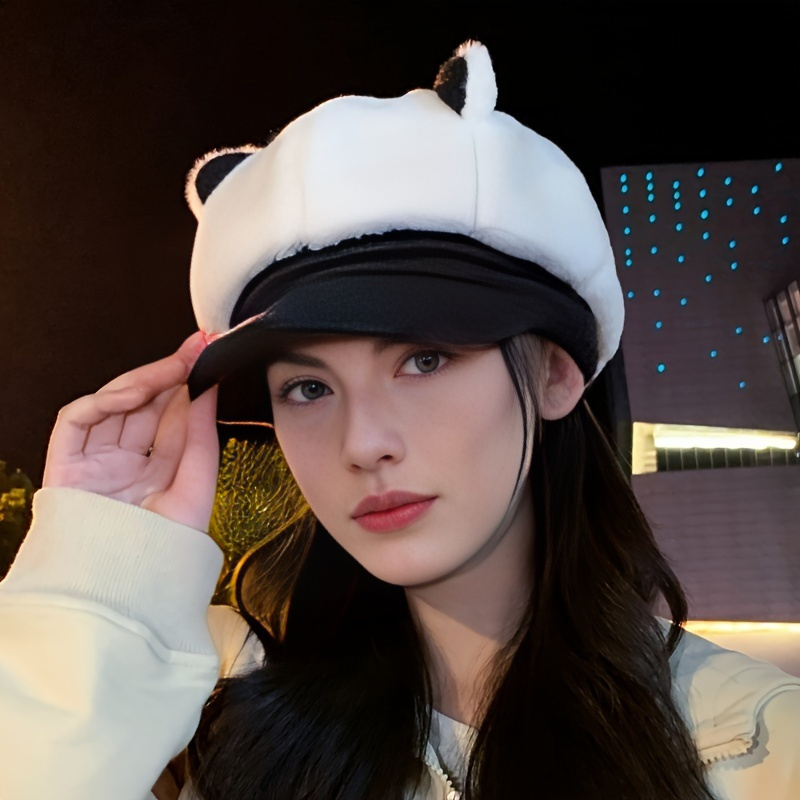 cozy knit beret with cute cat ears thick warm octagonal cap for women elastic fit ear protection details 1