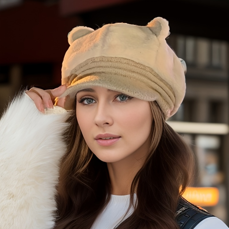 cozy knit beret with cute cat ears thick warm octagonal cap for women elastic fit ear protection details 2