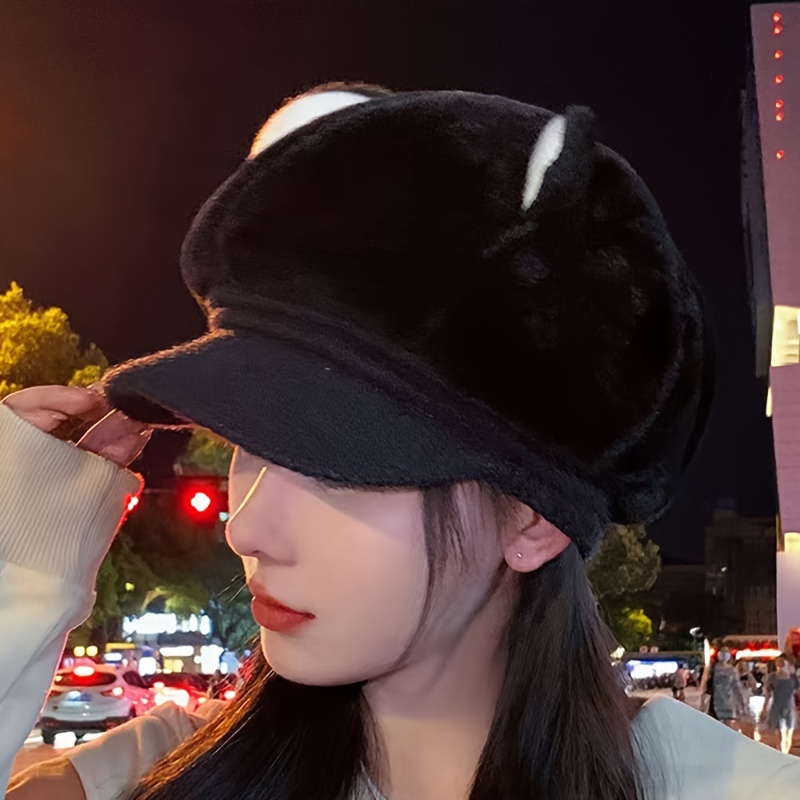 cozy knit beret with cute cat ears thick warm octagonal cap for women elastic fit ear protection details 4