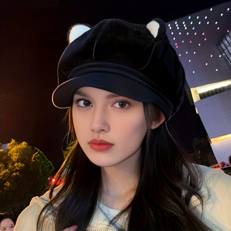 cozy knit beret with cute cat ears thick warm octagonal cap for women elastic fit ear protection details 5